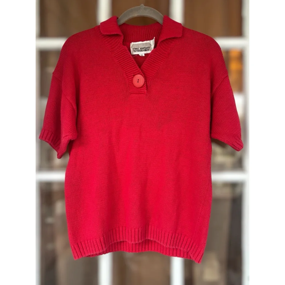 Vintage The Import Workshop Women's Medium Red V-Neck Knit Sweater Grandmacore